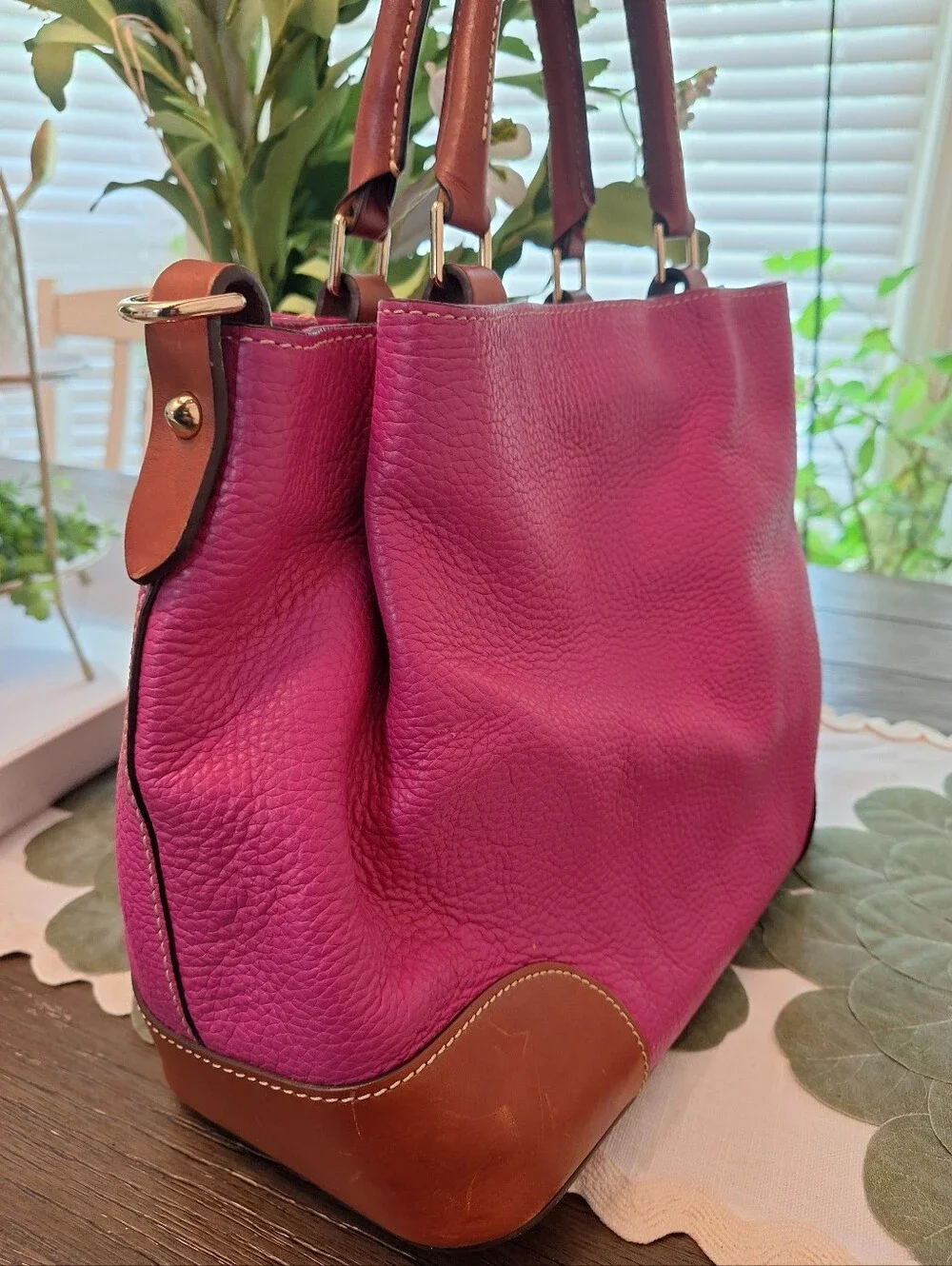 Dooney & Bourke Hot Pink Leather Satchel with Brown Trim